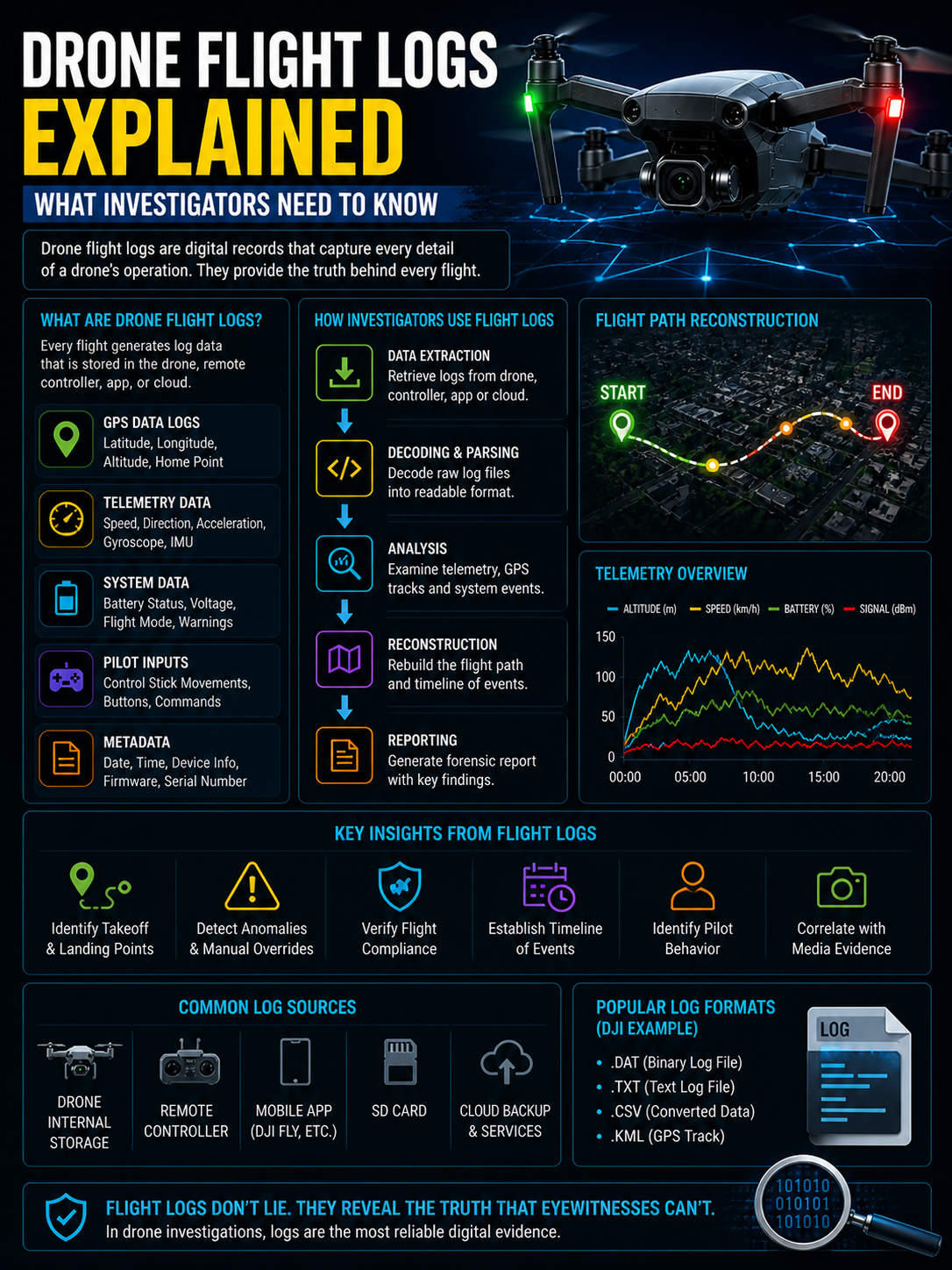 Drone flight log analysis visual with telemetry data charts, GPS tracking map, and UAV forensic investigation process